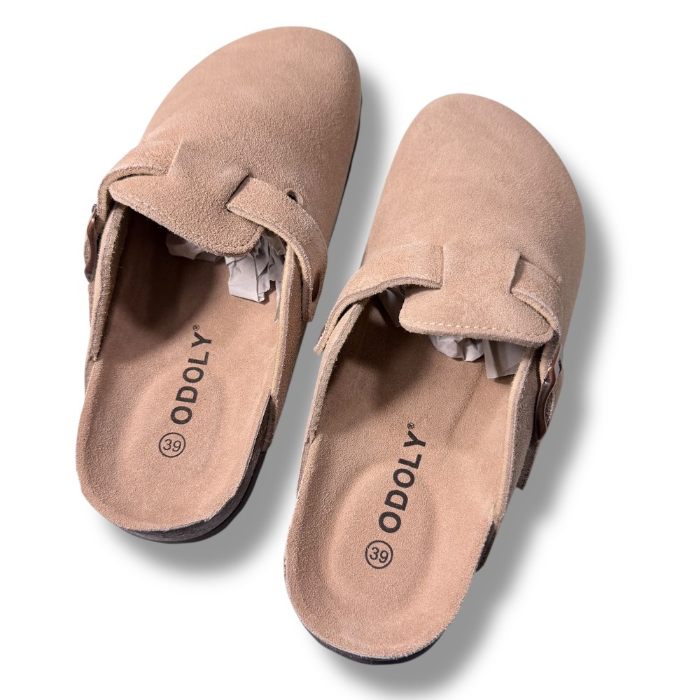 NIB ODOLY Women's Suede Comfort Clogs Mules Size 39 8 US Taupe potato shoes